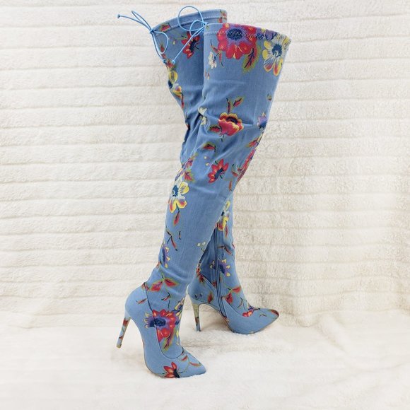 Stretch Floral Print Denim Draw String Top high heel thigh boots - Picture 6 of 11